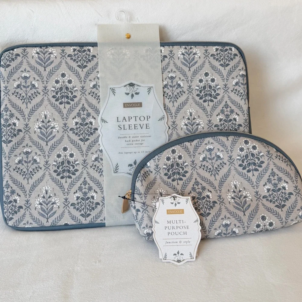 Envogue, Labtop Sleeve Gray and Blue Floral with Multipurpose Pouch Set
